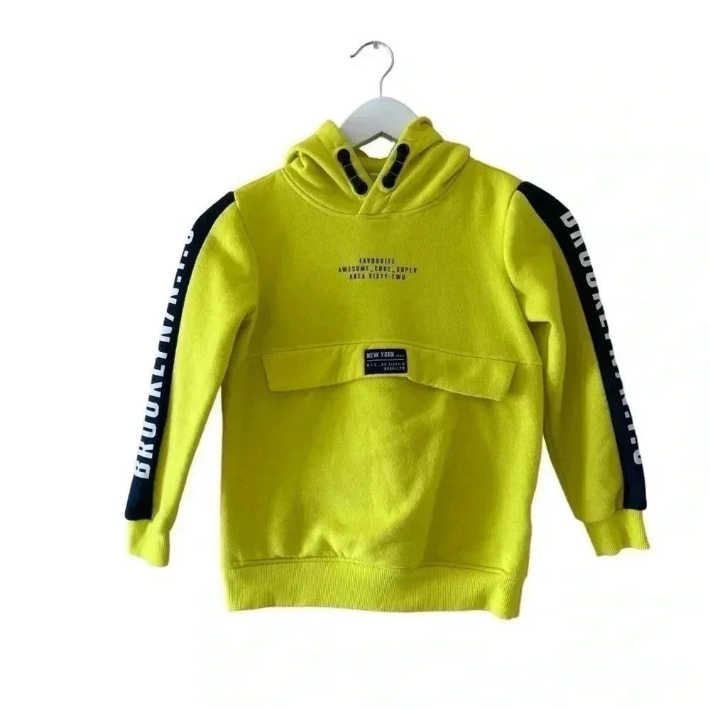 Dopodopo Neon Yellow Boys Cotton Blend Long Sleeves  Front Pocket SZ 7-8 #2189